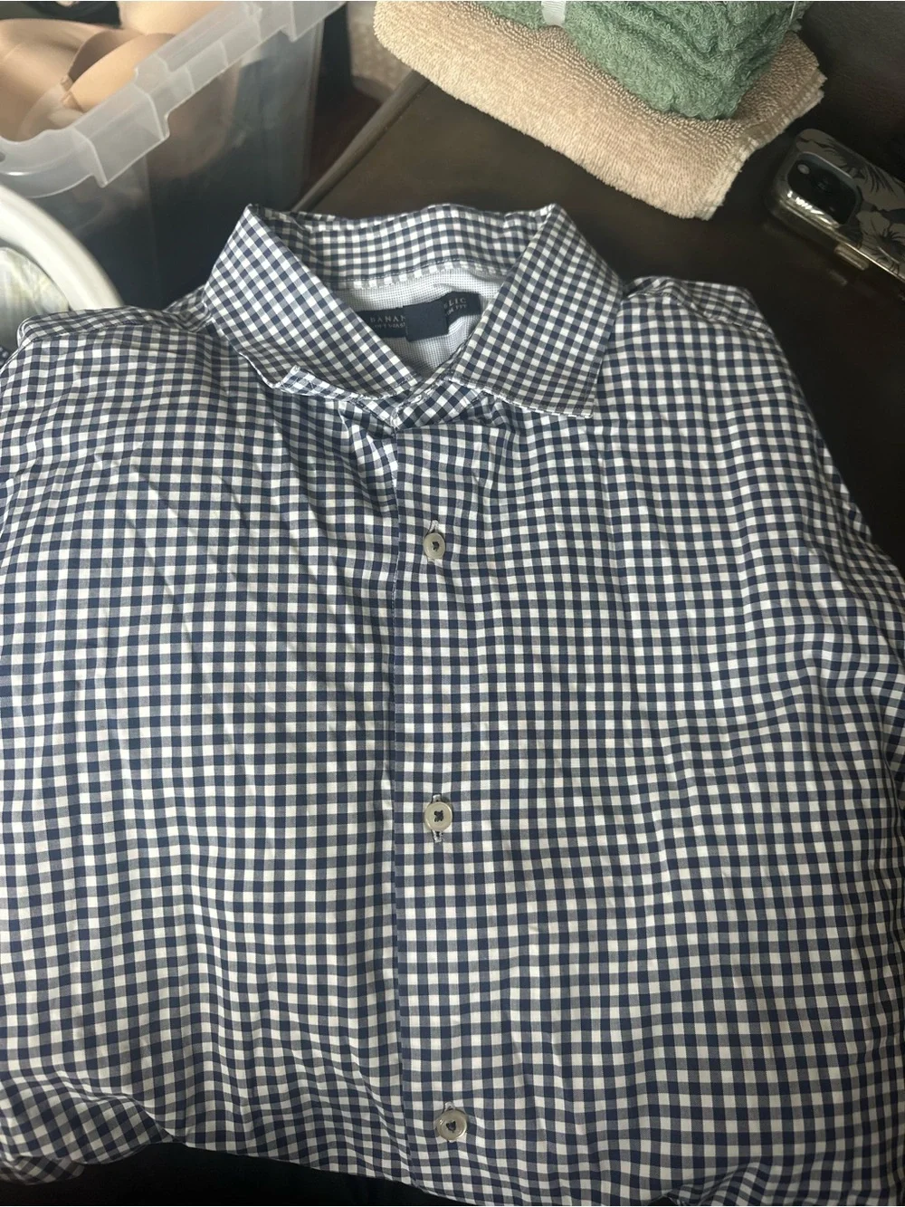 Banana Republic Men's Navy and White Gingham Dress Shirt